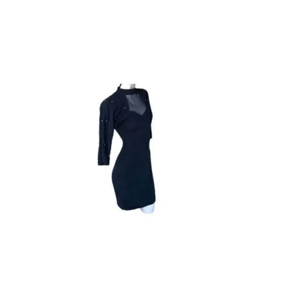 Absolutely! 80s Black Bodycon Mini Dress with Brass Stud Detailing and Choker Ne